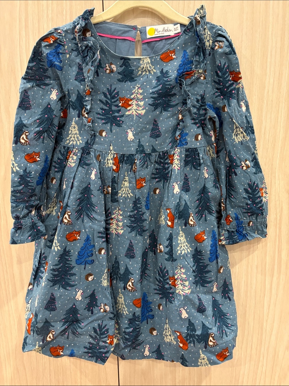 Mini Boden Blue Woodland Animals Long Sleeve Dress